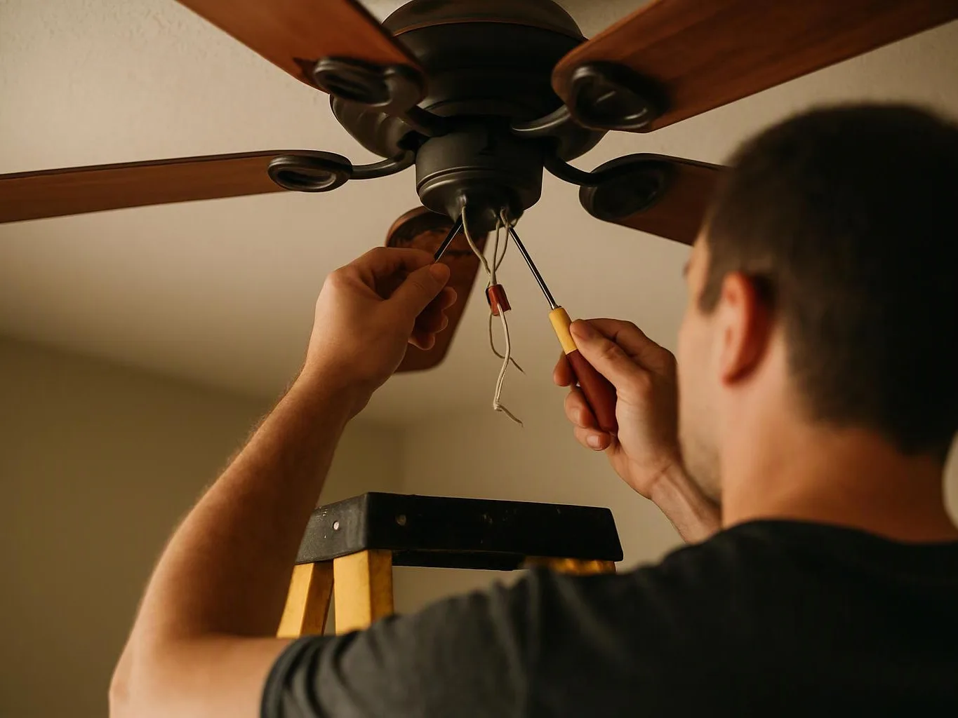 A man on a ladder wires a ceiling fan under warm indoor lighting