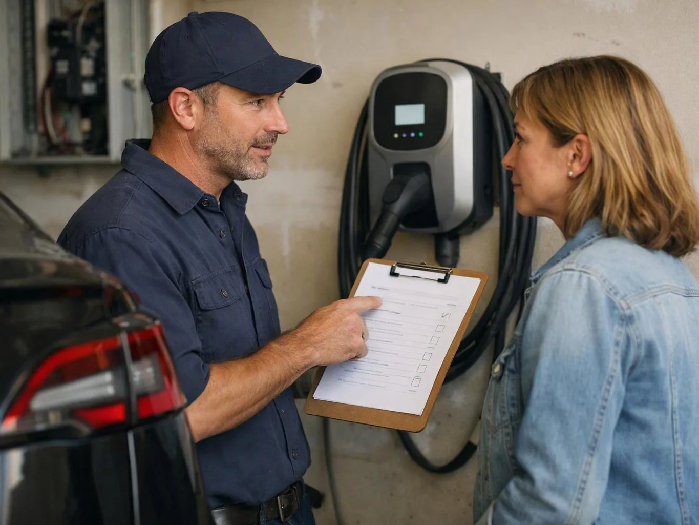 A man in a navy cap shows a clipboard to a woman beside a wall-mounted electric car charger in a garage