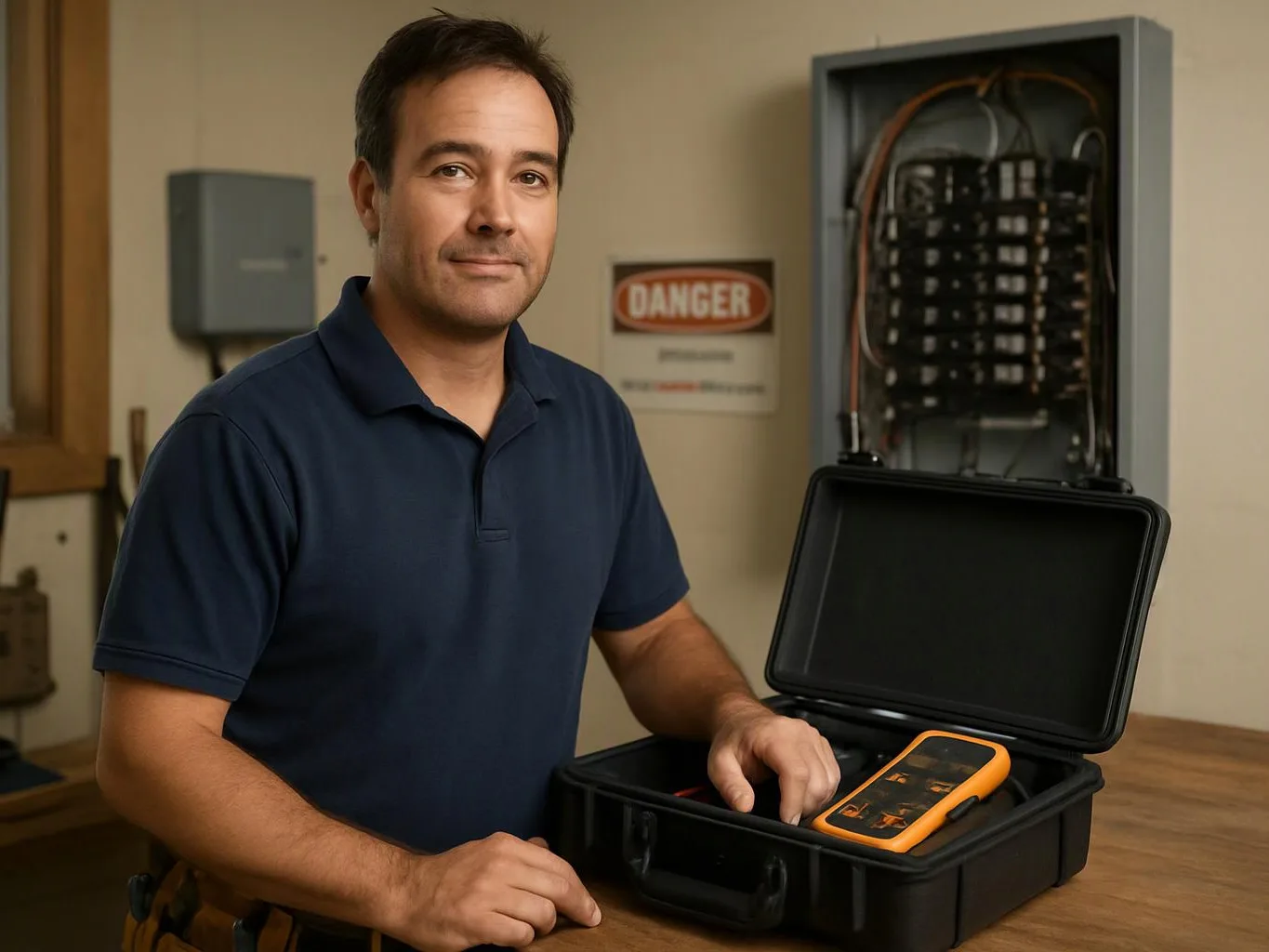 A man in a navy polo stands beside an open case holding an orange tester in a workshop with electrical panels