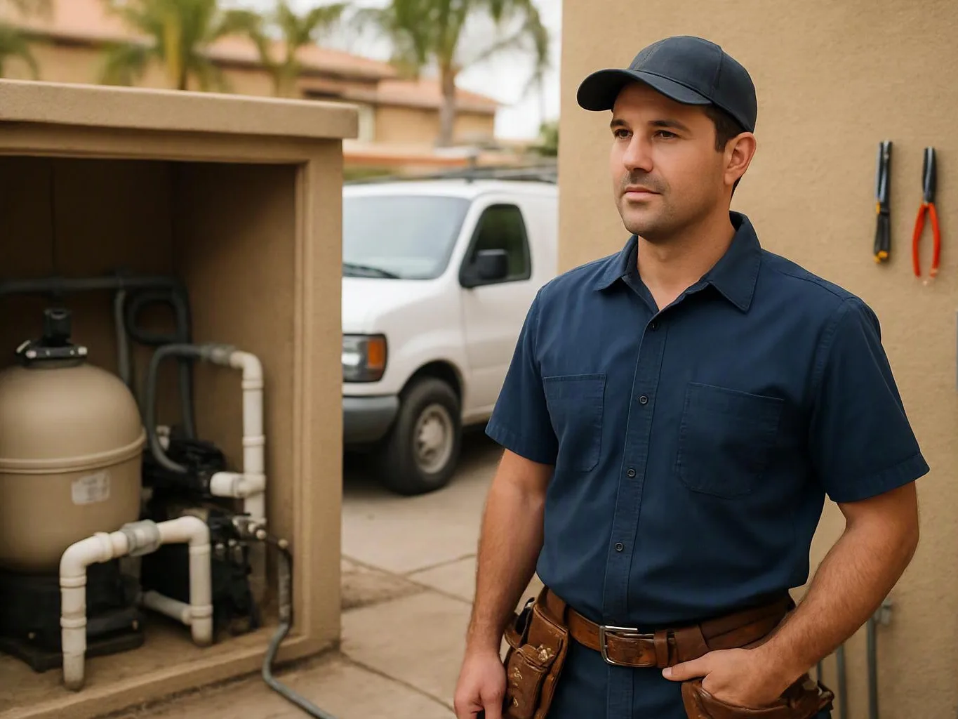 A man in a navy uniform stands beside pool equipment and a white van in a driveway