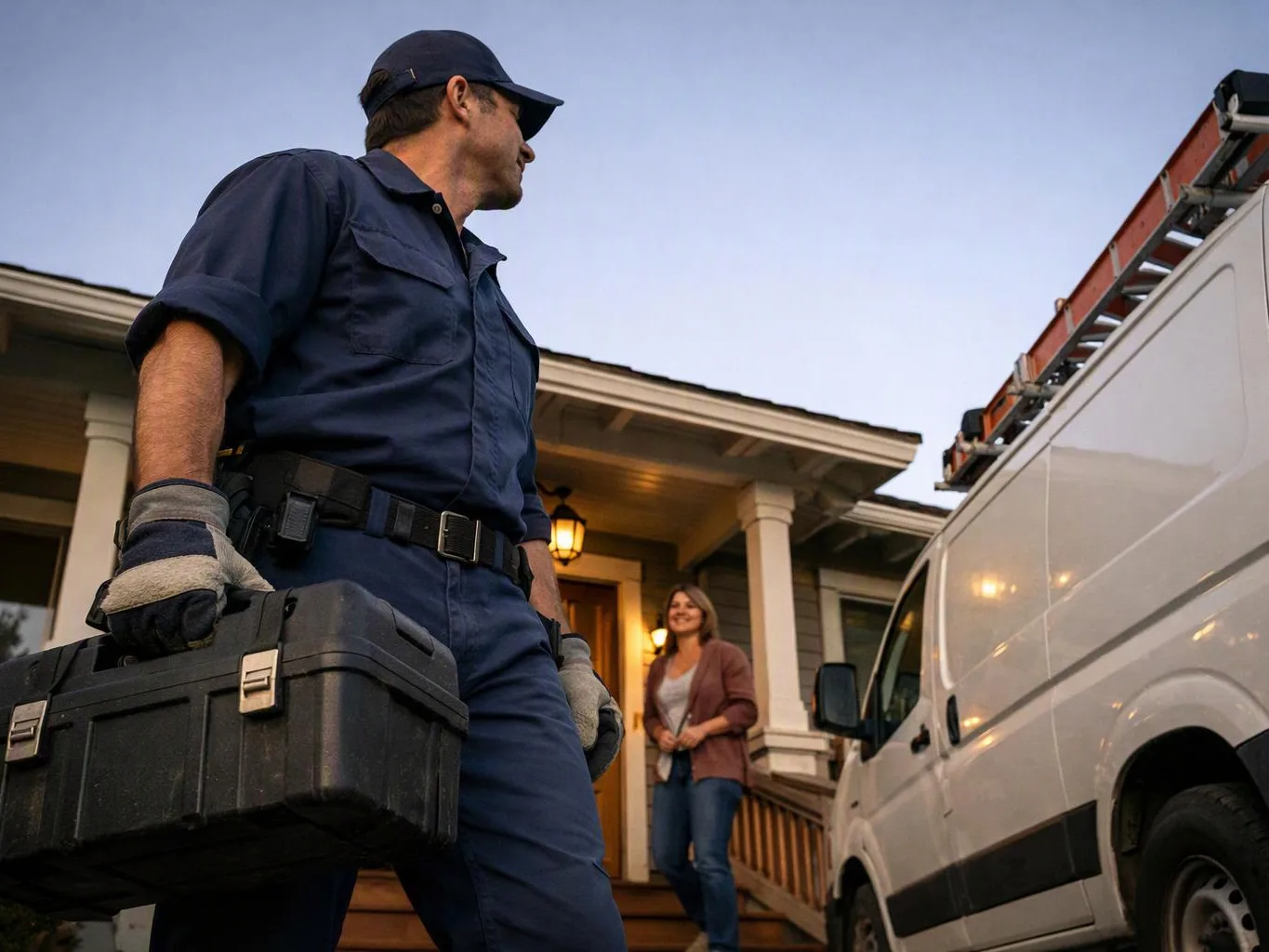 A man in a navy work uniform carries a toolbox beside a white van outside a house at dusk