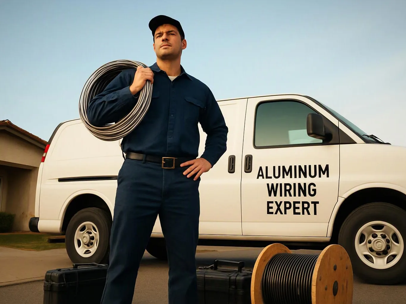 A man in a navy work uniform stands beside a white van, holding coiled cable and tools on the ground