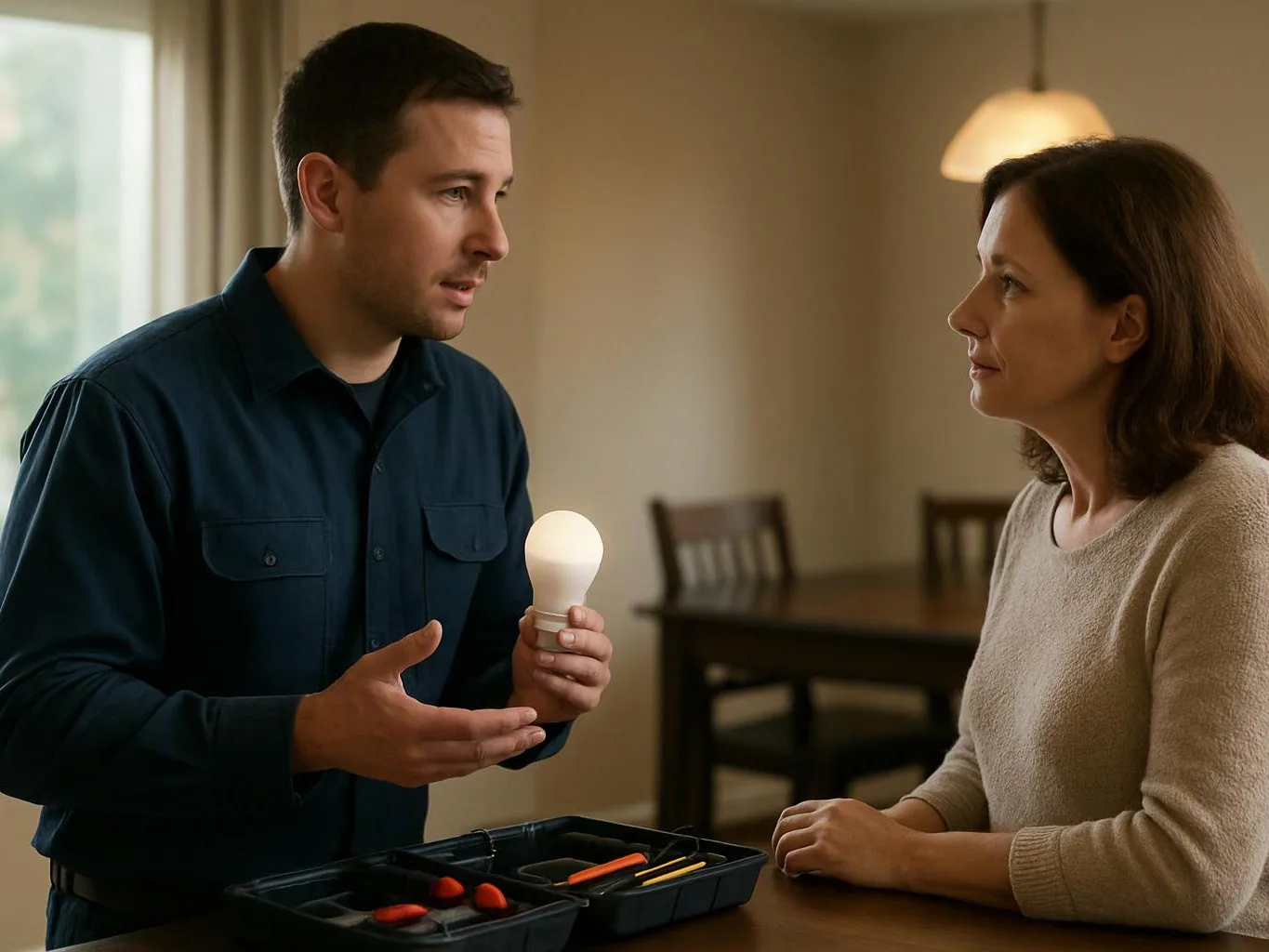 A man shows a light bulb to a woman across a table in a warm dining room
