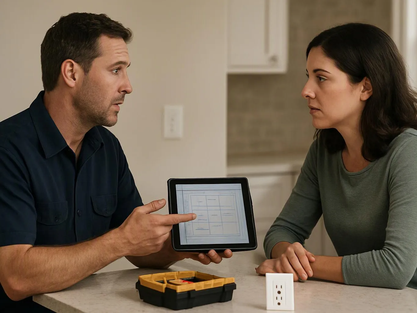 A man shows a tablet to a woman at a kitchen counter, with tools and an outlet in front of them