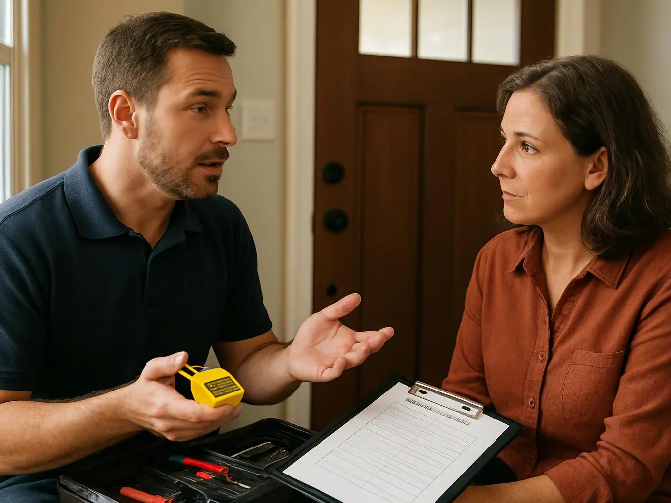 A man shows a yellow device to a woman while they sit beside a clipboard and tool case indoors