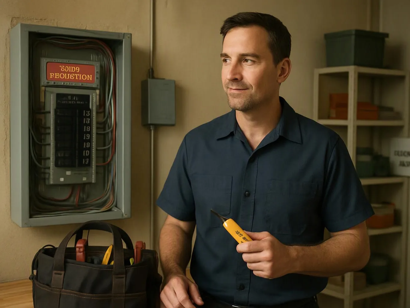 A man stands beside an open electrical panel, holding a yellow test tool in a workshop room