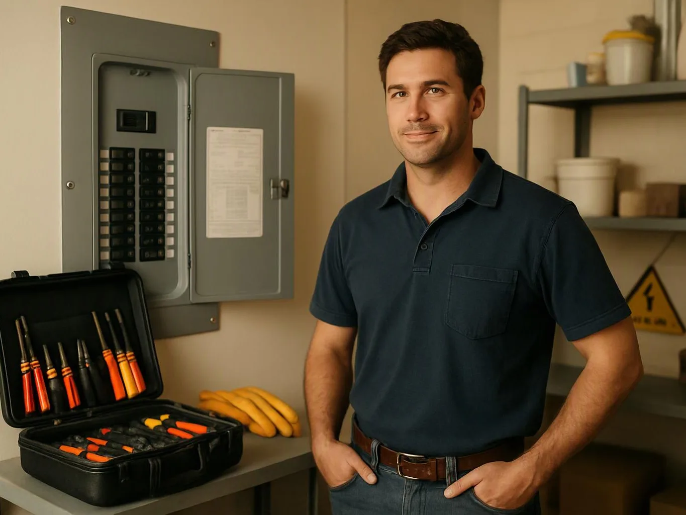 A man stands beside an open electrical panel and a toolbox of screwdrivers in a utility room