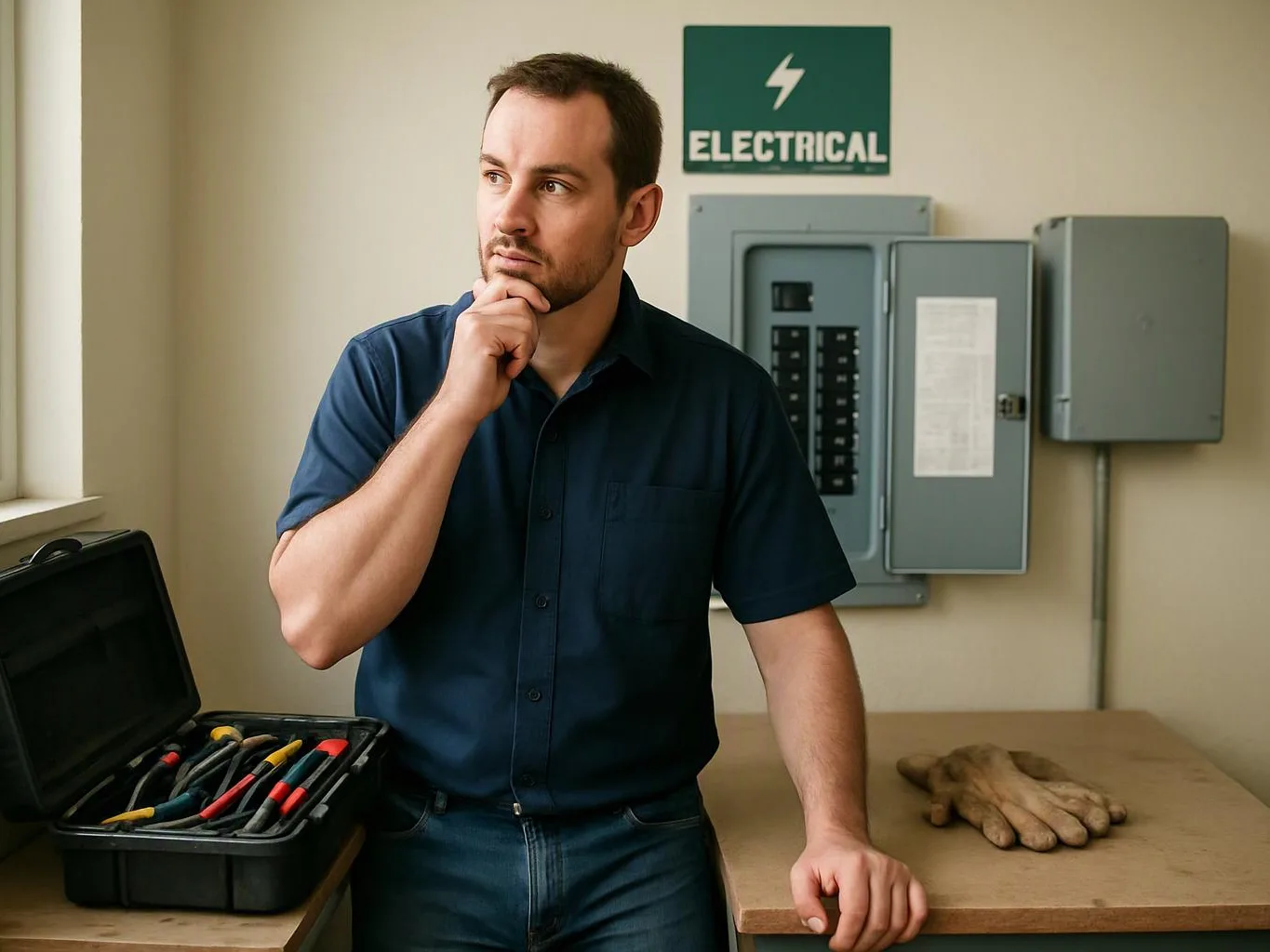 A man stands beside an open tool case and electrical panels, resting his chin on his hand in a workshop