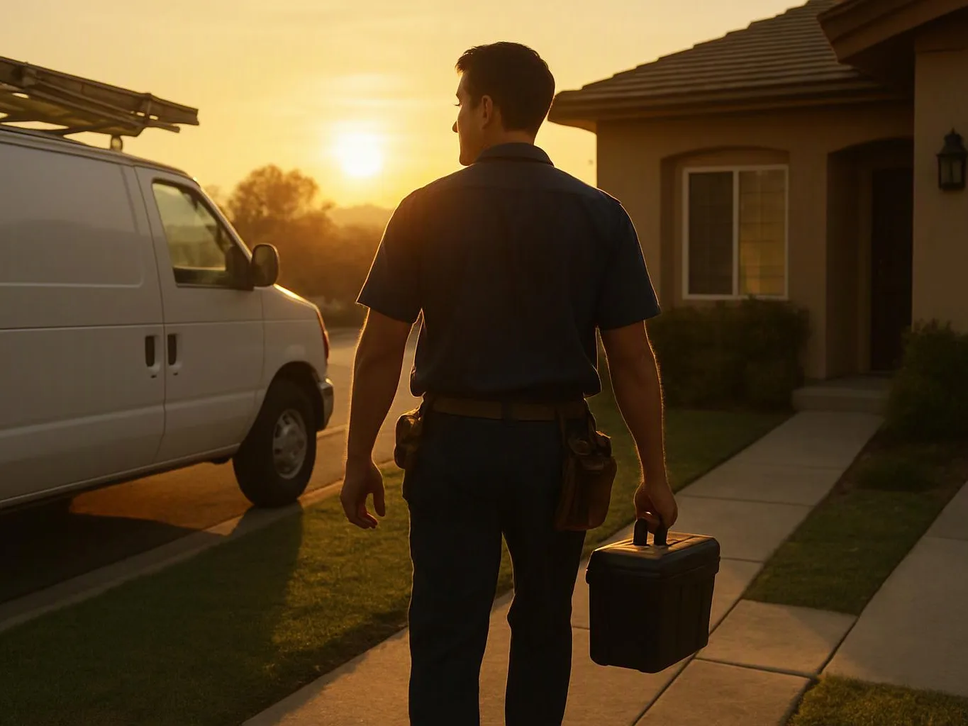 A man stands on a sidewalk at sunset, holding a toolbox beside a white van and a house