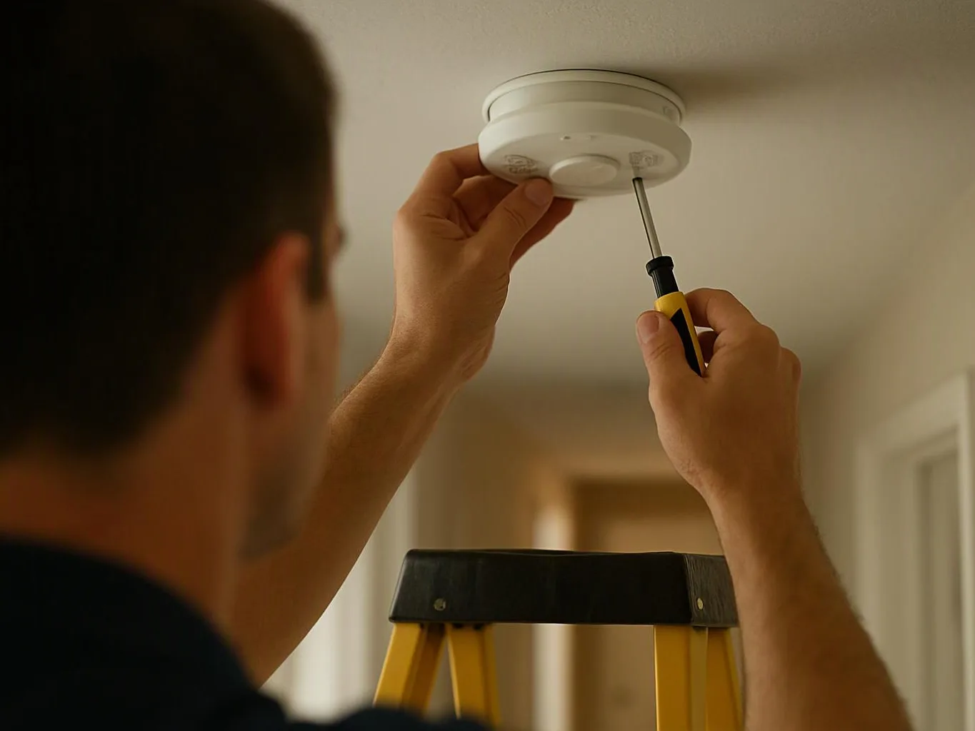 A man stands on a step ladder, using a screwdriver to adjust a ceiling-mounted smoke detector indoors