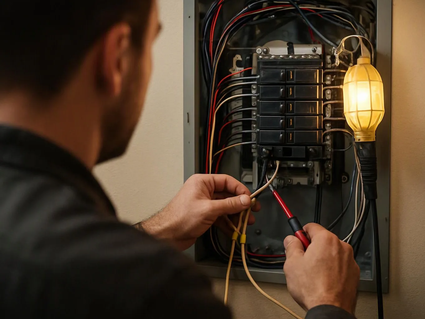 A man tests wiring inside an open breaker panel beside a glowing work light