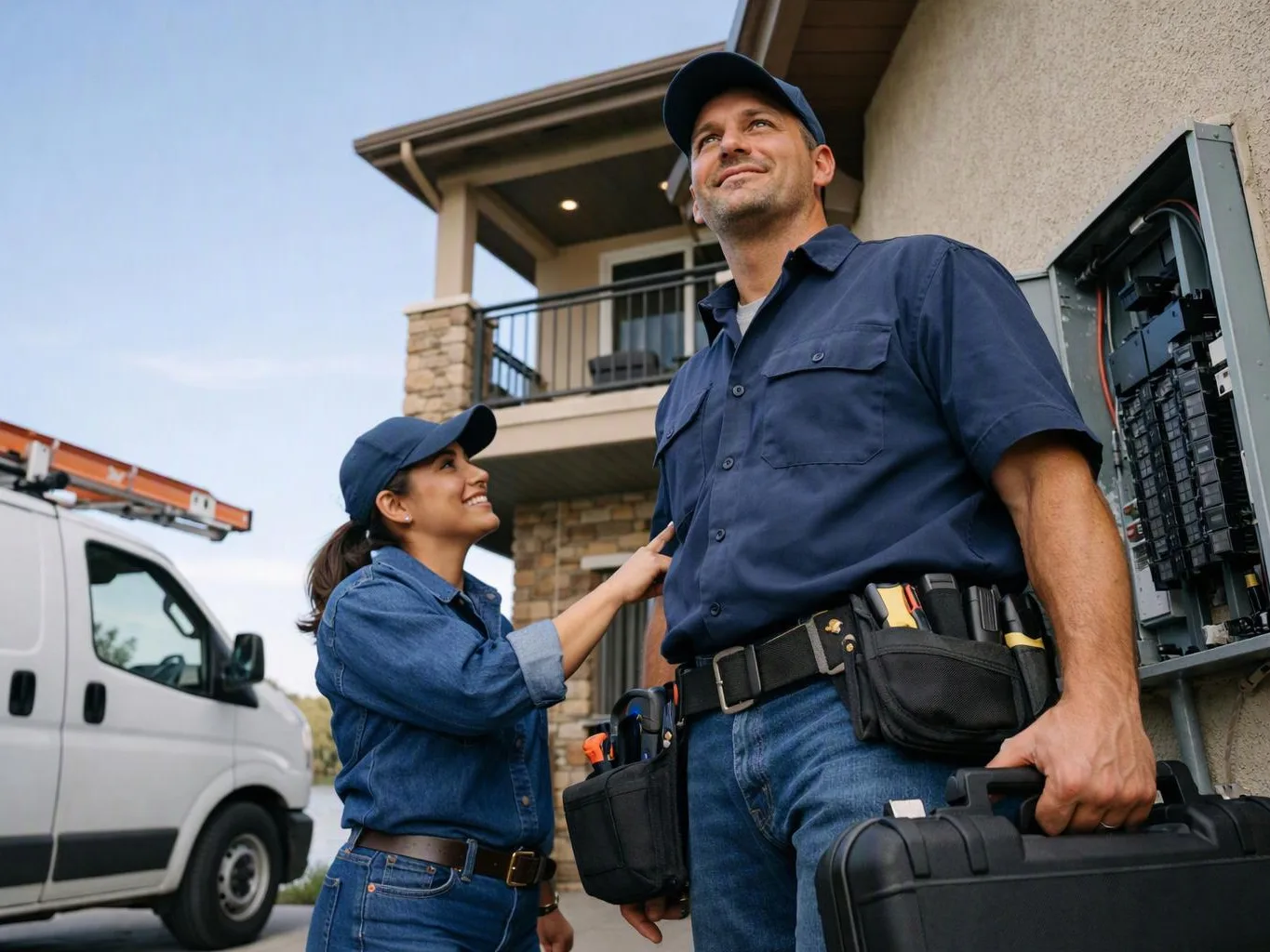 A man and woman in work uniforms stand by a house, with a van and open electrical panel nearby