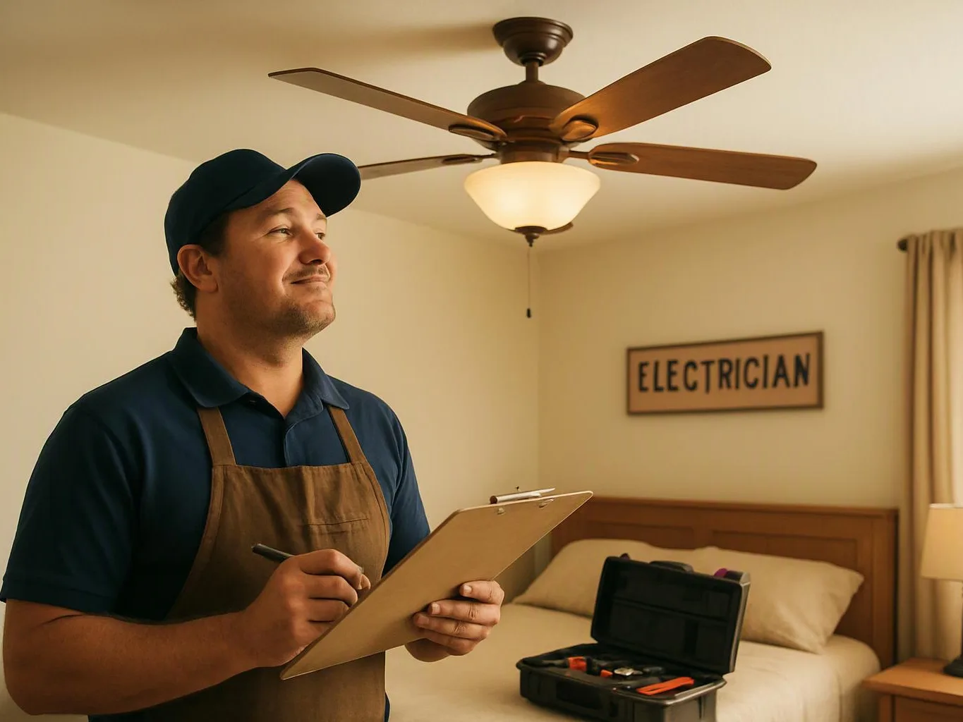 A man in work clothes holds a clipboard in a bedroom with a ceiling fan and tool case
