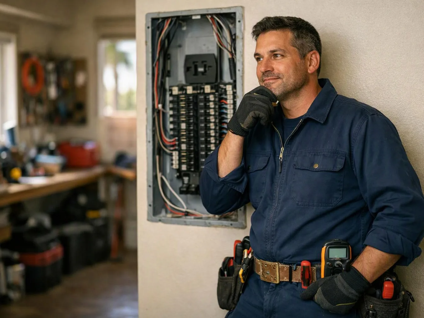 A man in work clothes stands beside an open electrical panel in a room, resting his gloved hand on his chin