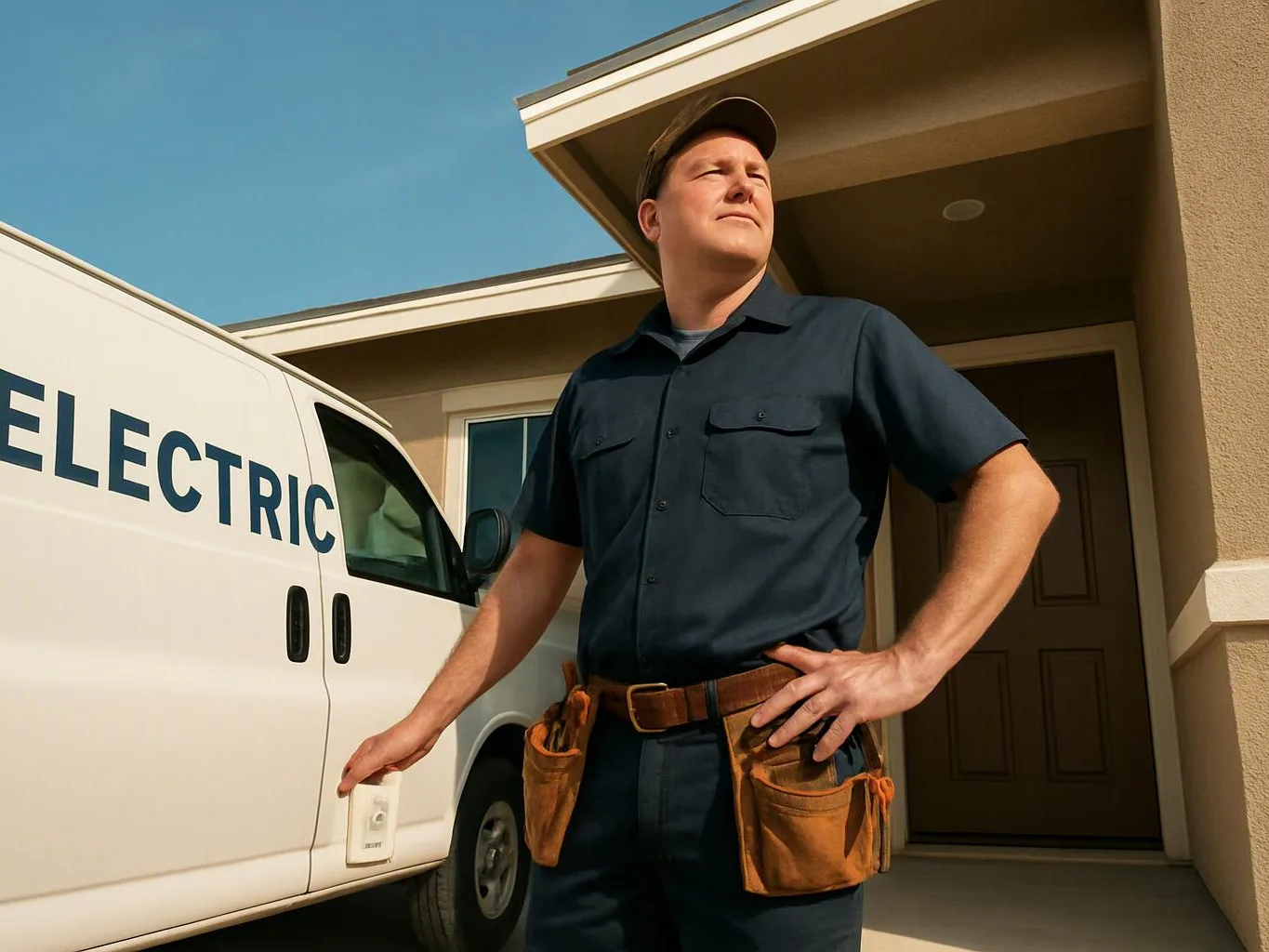 A man in work clothes stands beside a white service van outside a house, looking off to the side