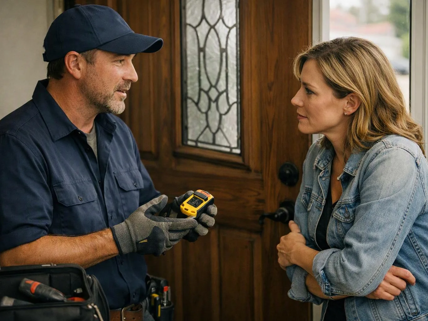 A man in work gloves shows a small yellow device to a woman at a wooden front door