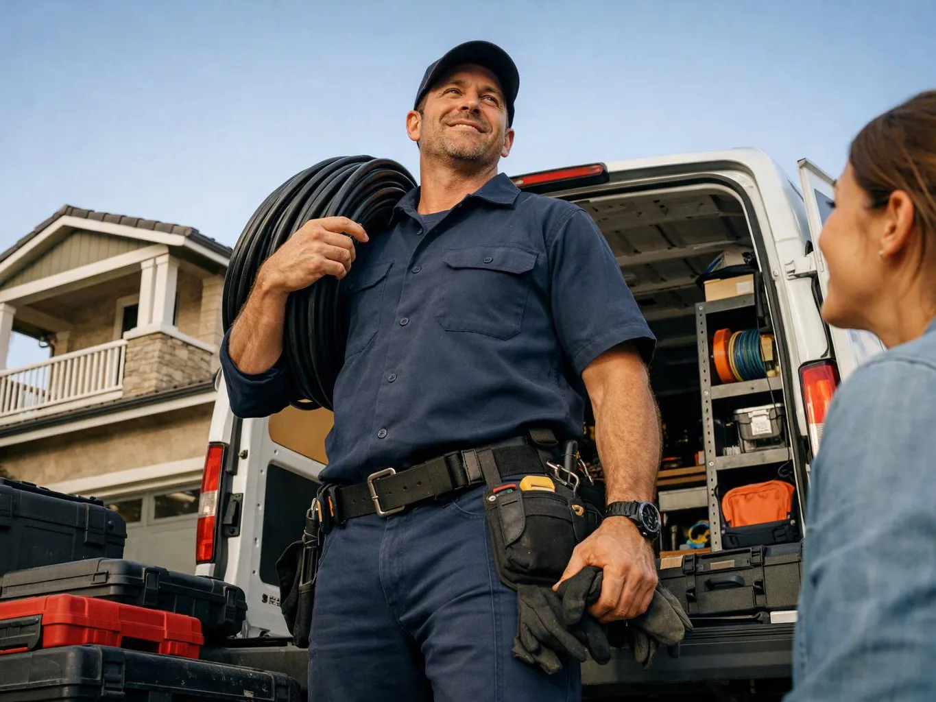 A man in a work uniform carries coiled cable beside an open service van, talking to a woman outside a house