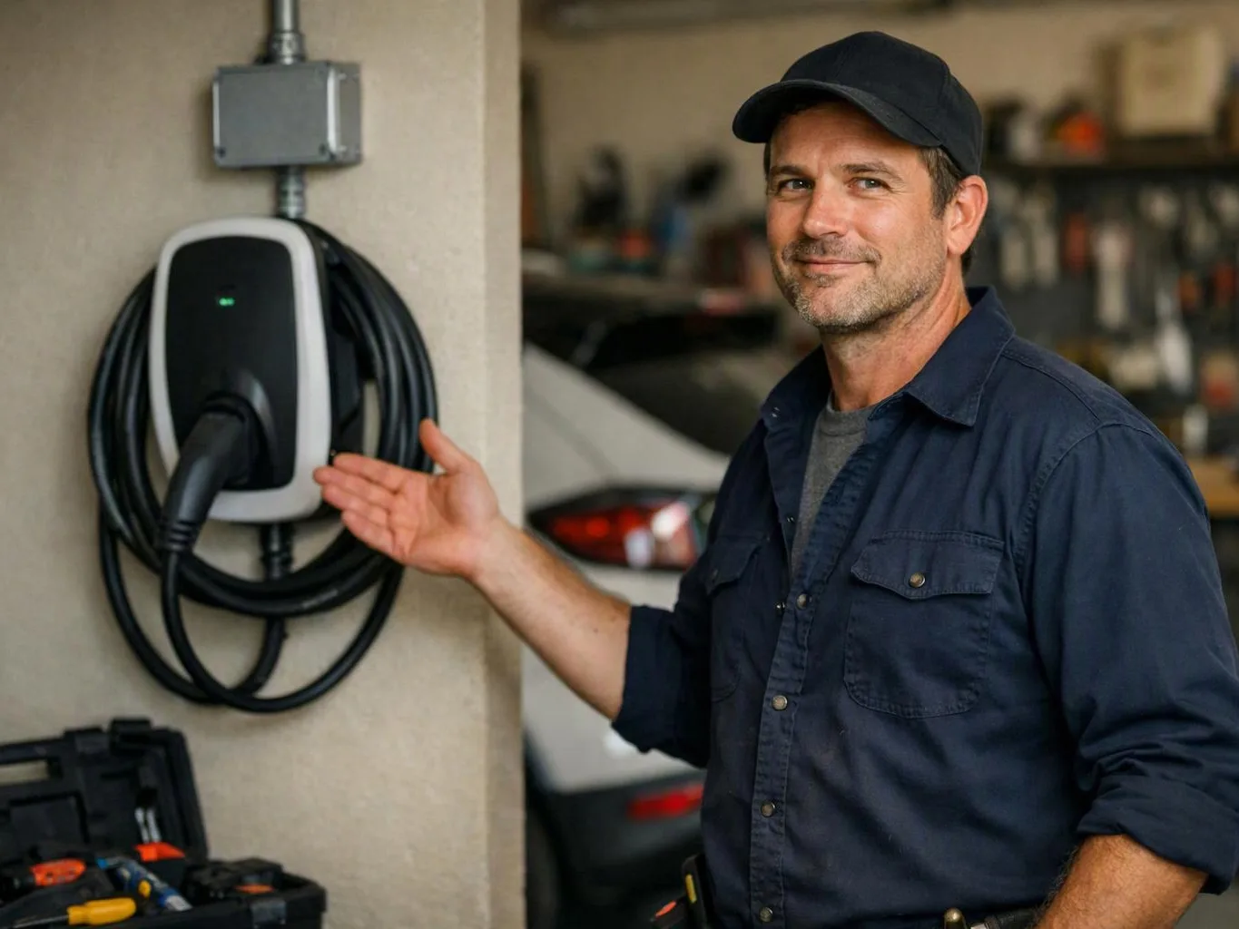 A man in a workshop gestures toward a wall-mounted electric car charger with coiled cable