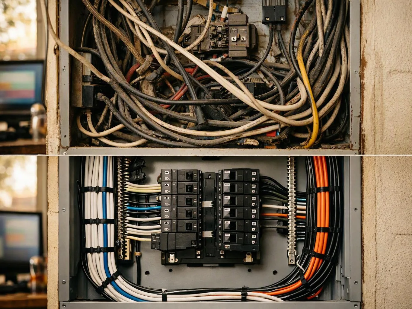 A messy electrical panel with tangled wires sits above a neatly organized breaker box with bundled cables