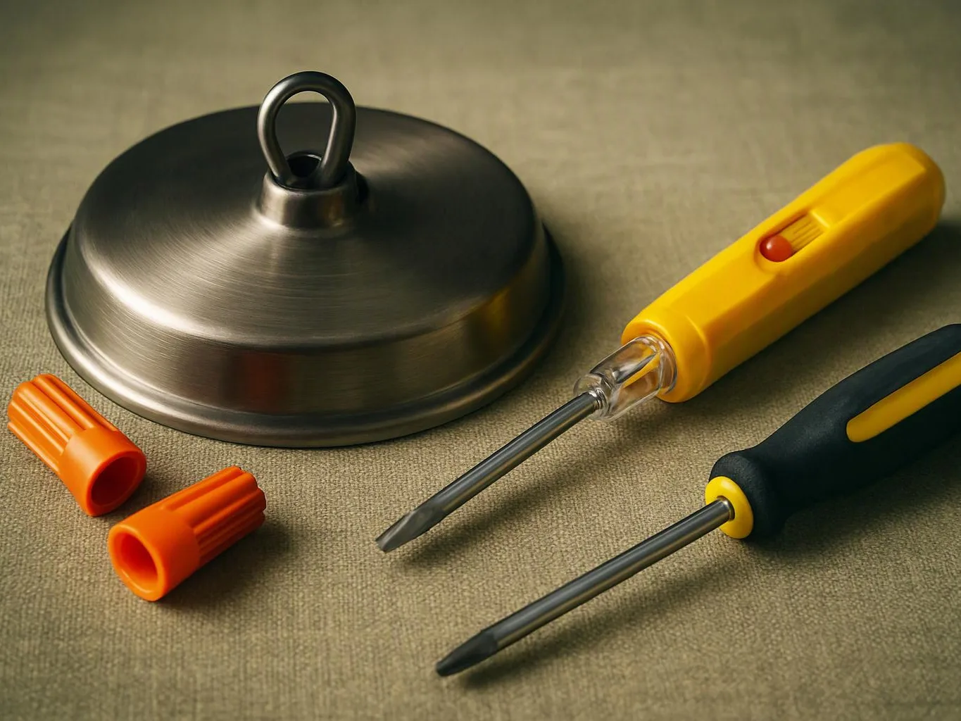 A metal pot lid sits beside two screwdrivers and two orange plastic caps on a textured surface