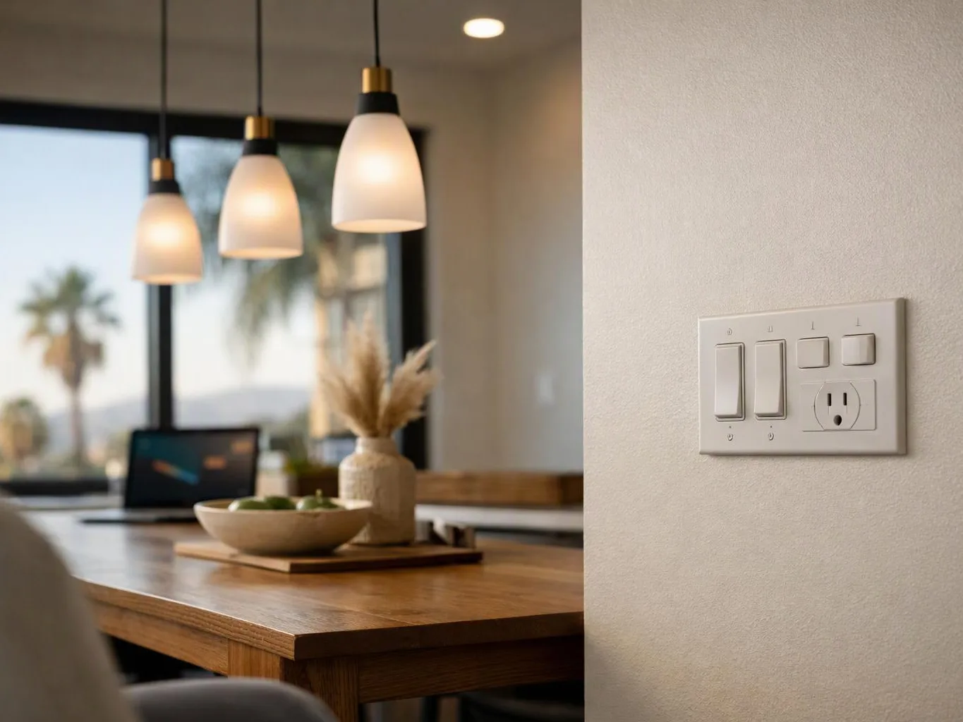 A modern dining area shows pendant lights, a wooden table with decor, and a wall switch plate in the foreground