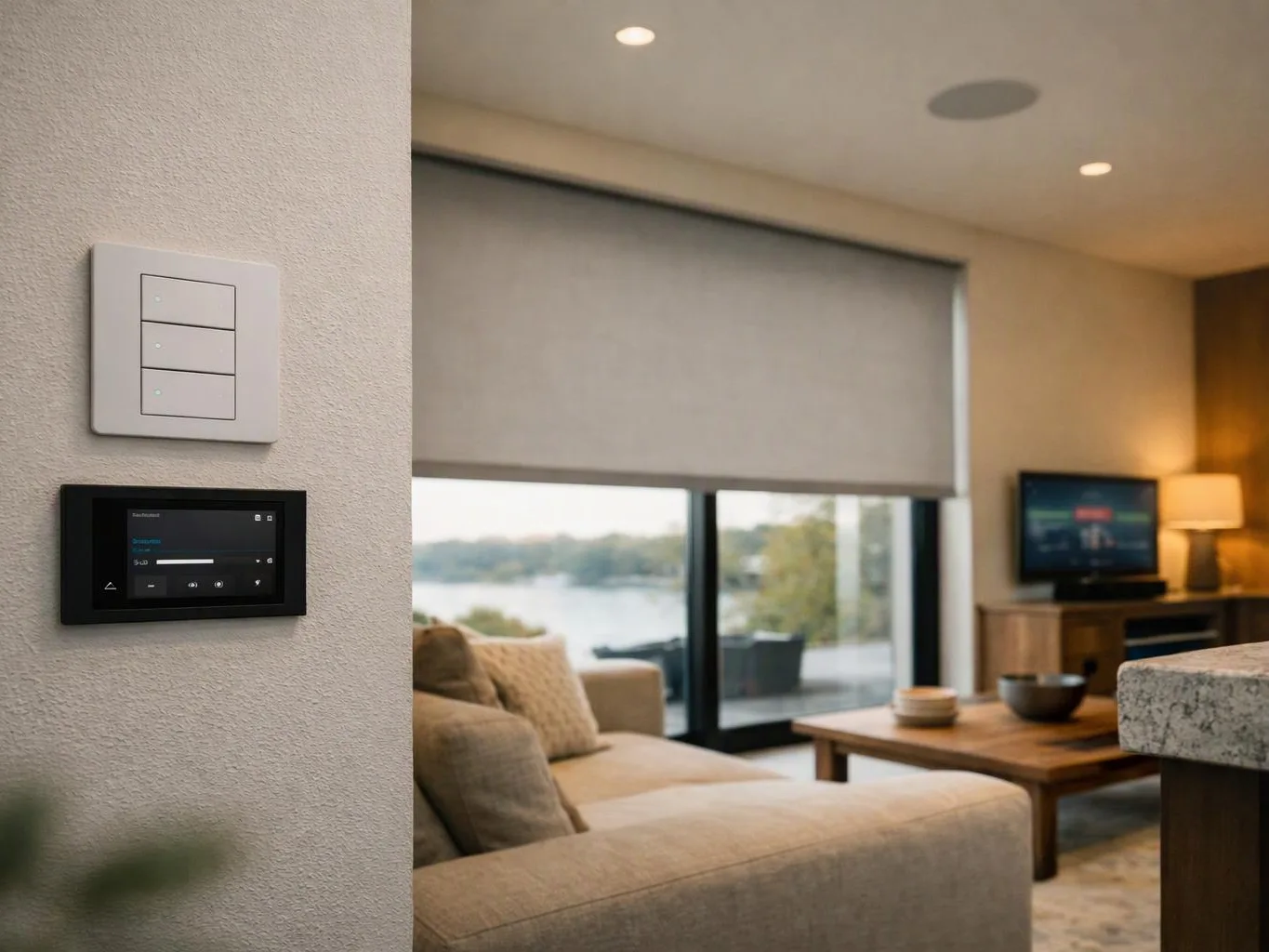 A modern living room shows wall controls, a sofa, coffee table, TV, and a lake view through sliding doors