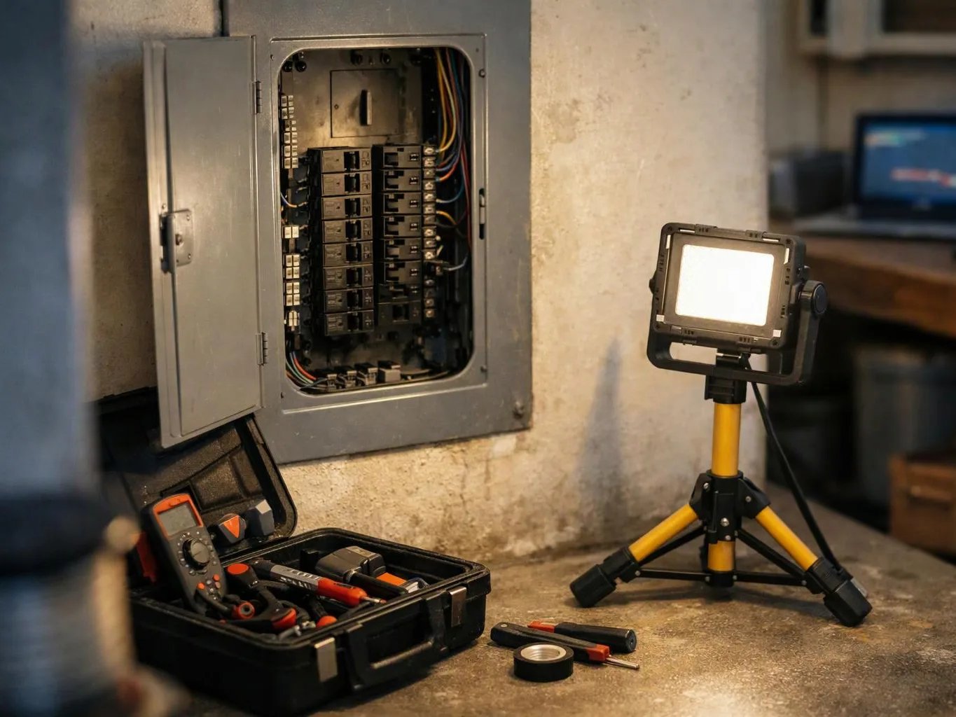 An open breaker panel, a tool case, and a bright work light sit on a concrete floor in a workshop-like room