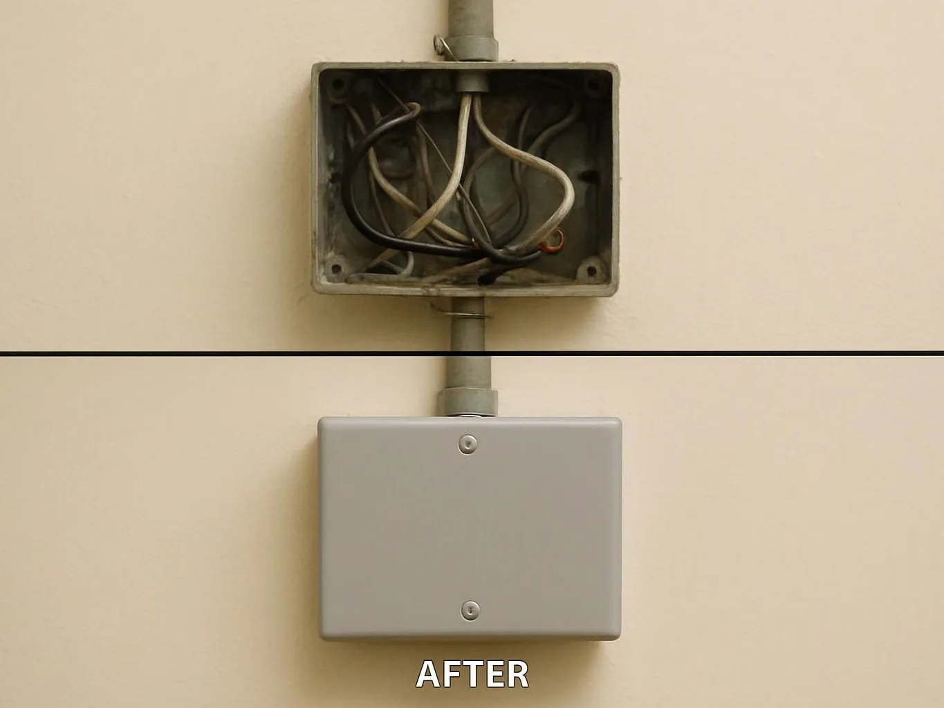 An open electrical box with exposed wires sits above a closed gray cover on a beige wall