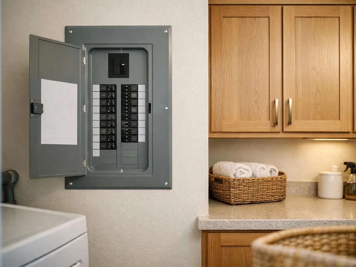 An open electrical panel hangs beside wooden cabinets, with towels and cleaning items on a countertop
