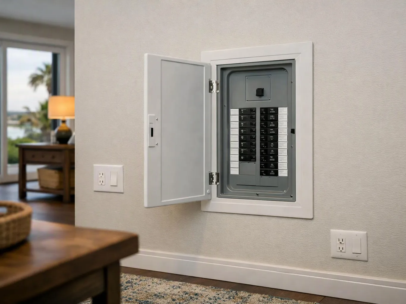 An open electrical panel is mounted on a wall in a bright living room with nearby outlets
