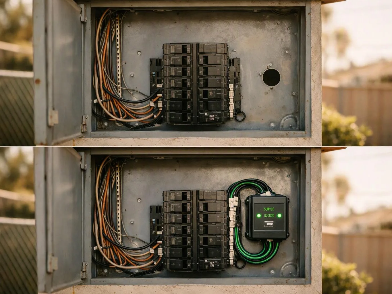 An open electrical panel shows bundled wires and circuit breakers