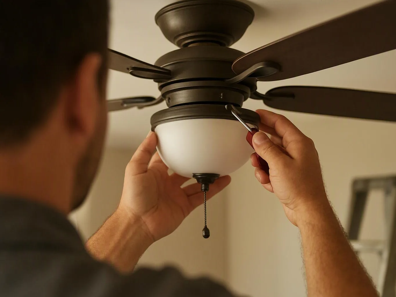 A person adjusts a ceiling fan light fixture with a screwdriver in a room