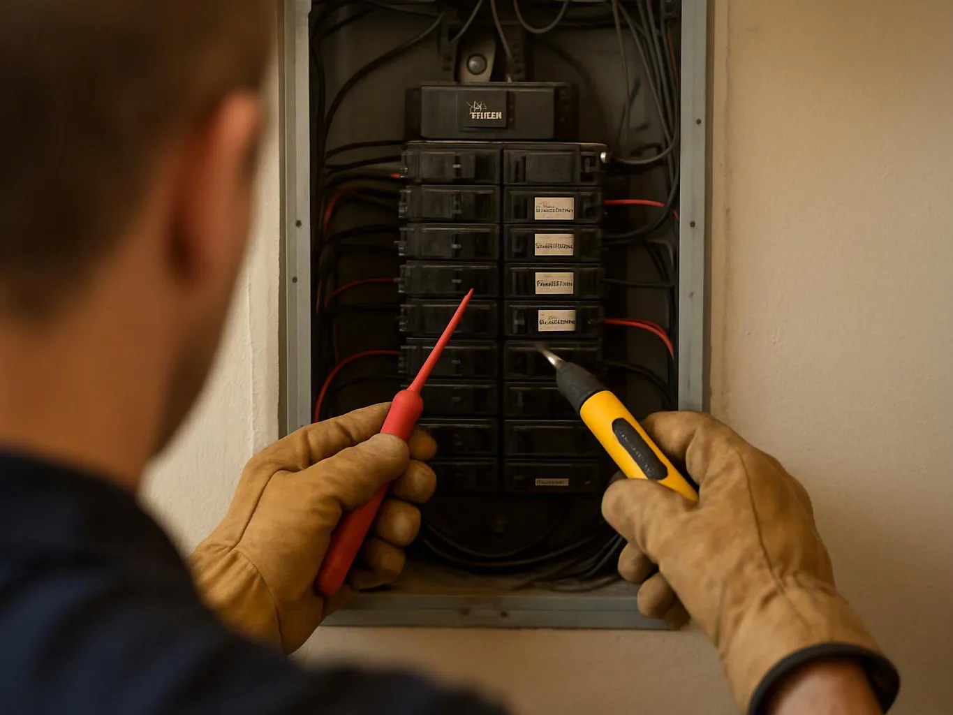 A person checks an open electrical breaker panel with two test probes in front of it