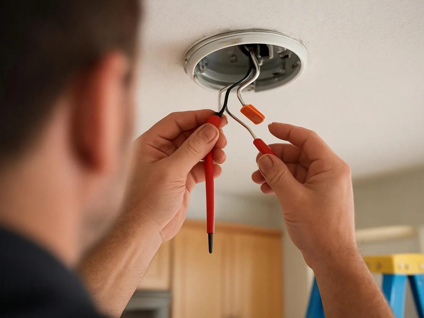 A person connects exposed electrical wires to a ceiling fixture in a home interior