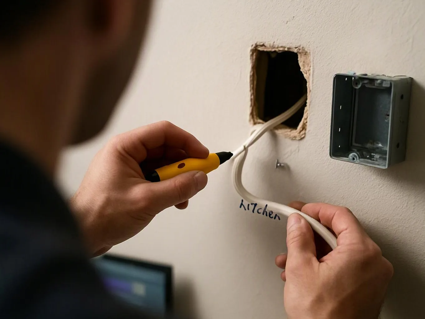 A person feeds a white cable through a wall opening beside an empty electrical box, with “Kitchen” written below