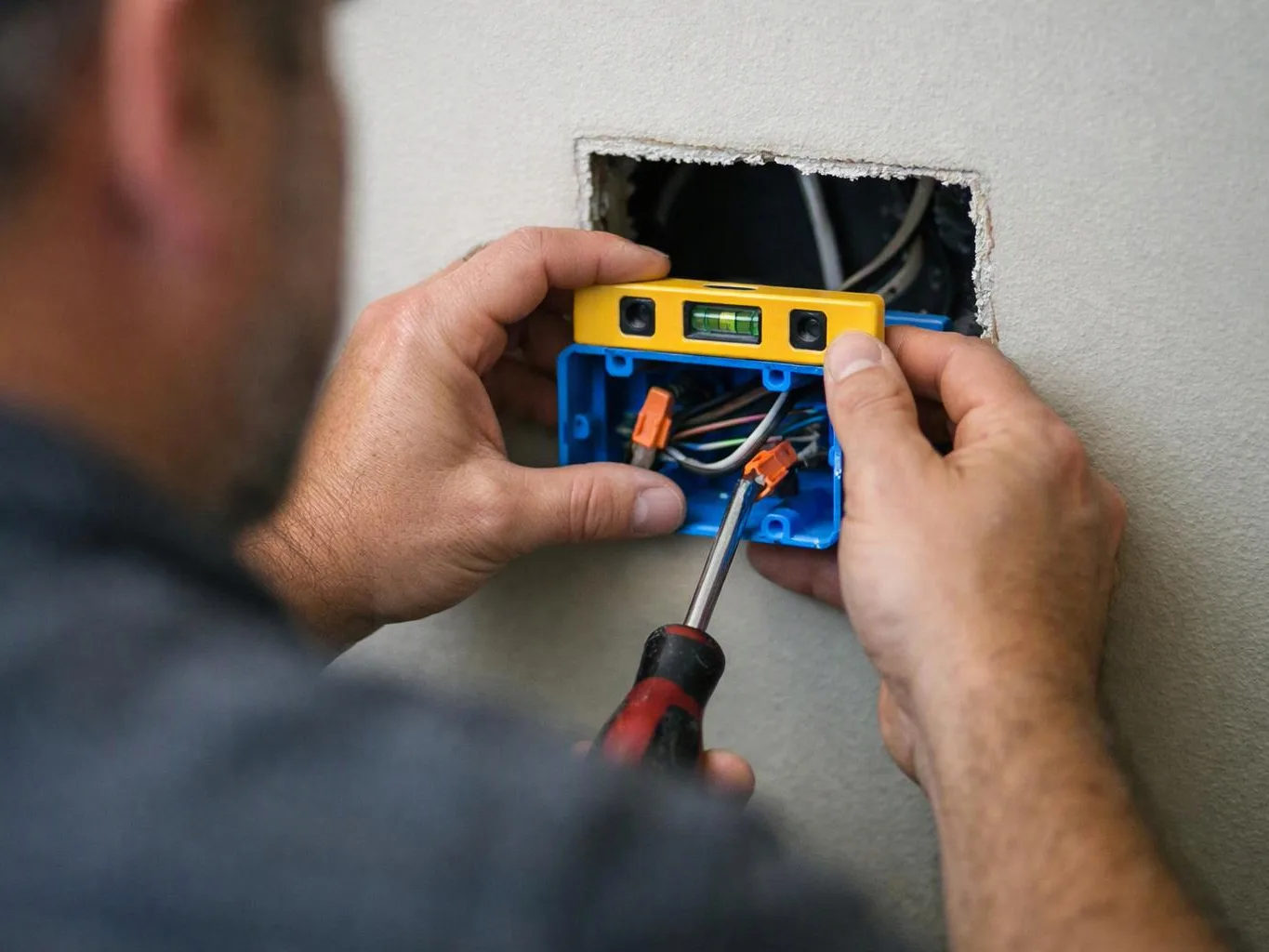A person installs a blue electrical box in a wall opening using a screwdriver and level