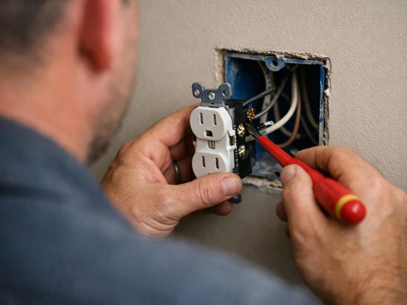 A person installs an electrical outlet, holding wires and using a red screwdriver beside a wall box