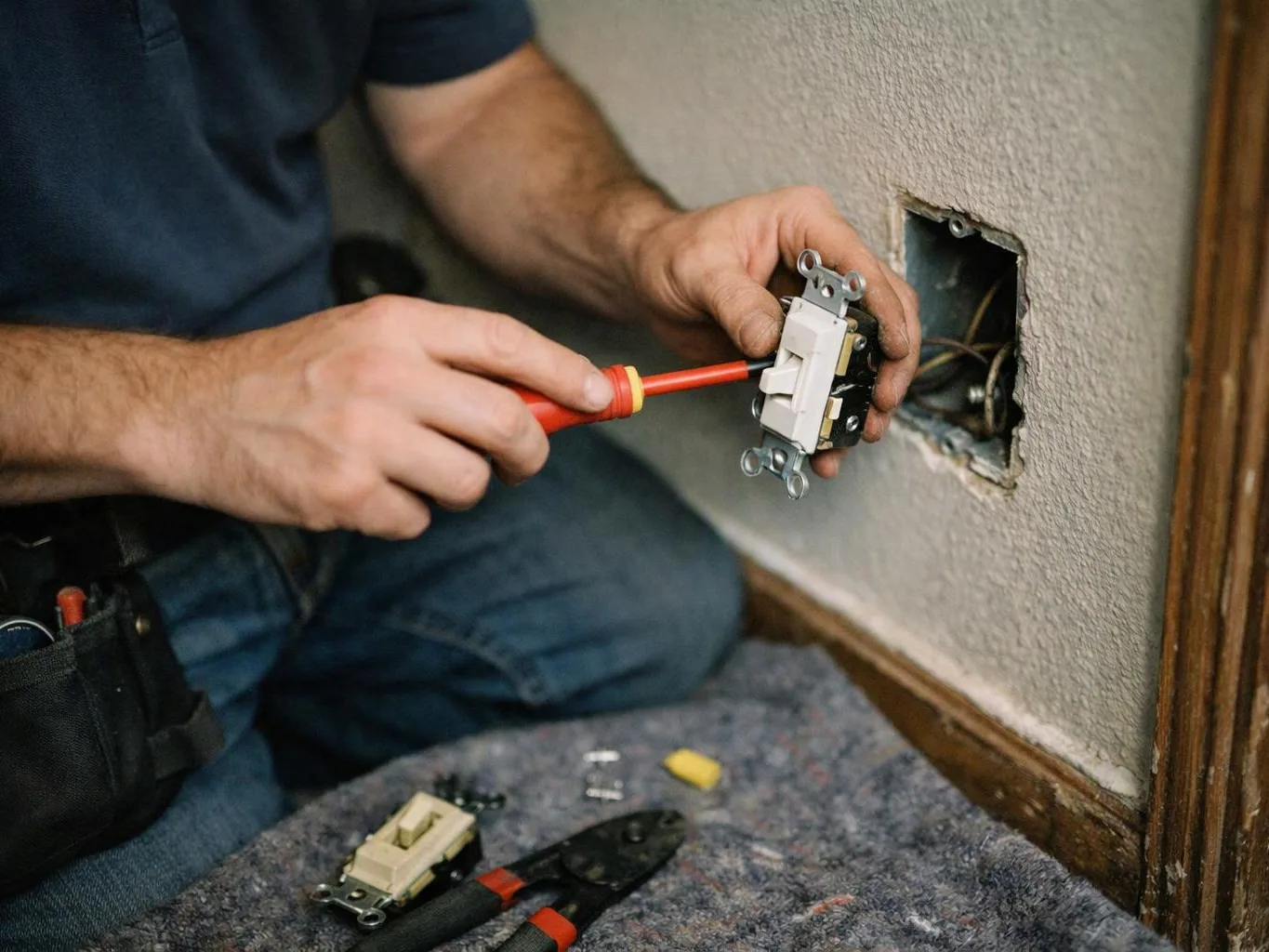 A person kneels by a wall outlet opening, using a red screwdriver to install a white light switch
