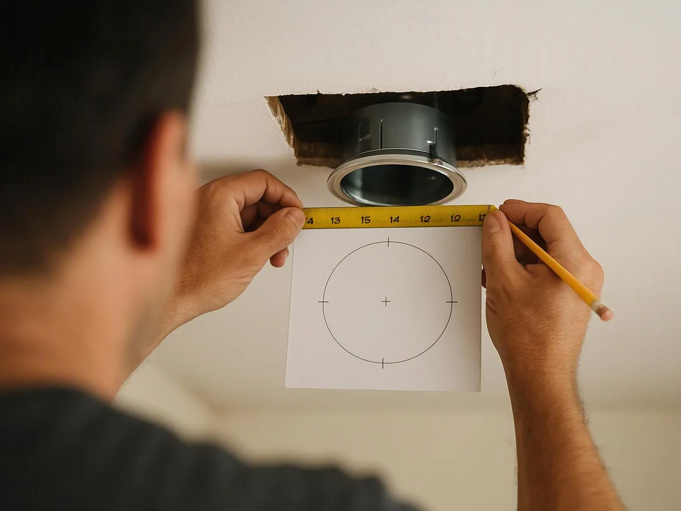 A person measures a ceiling hole around a metal vent pipe with a tape measure and template sheet