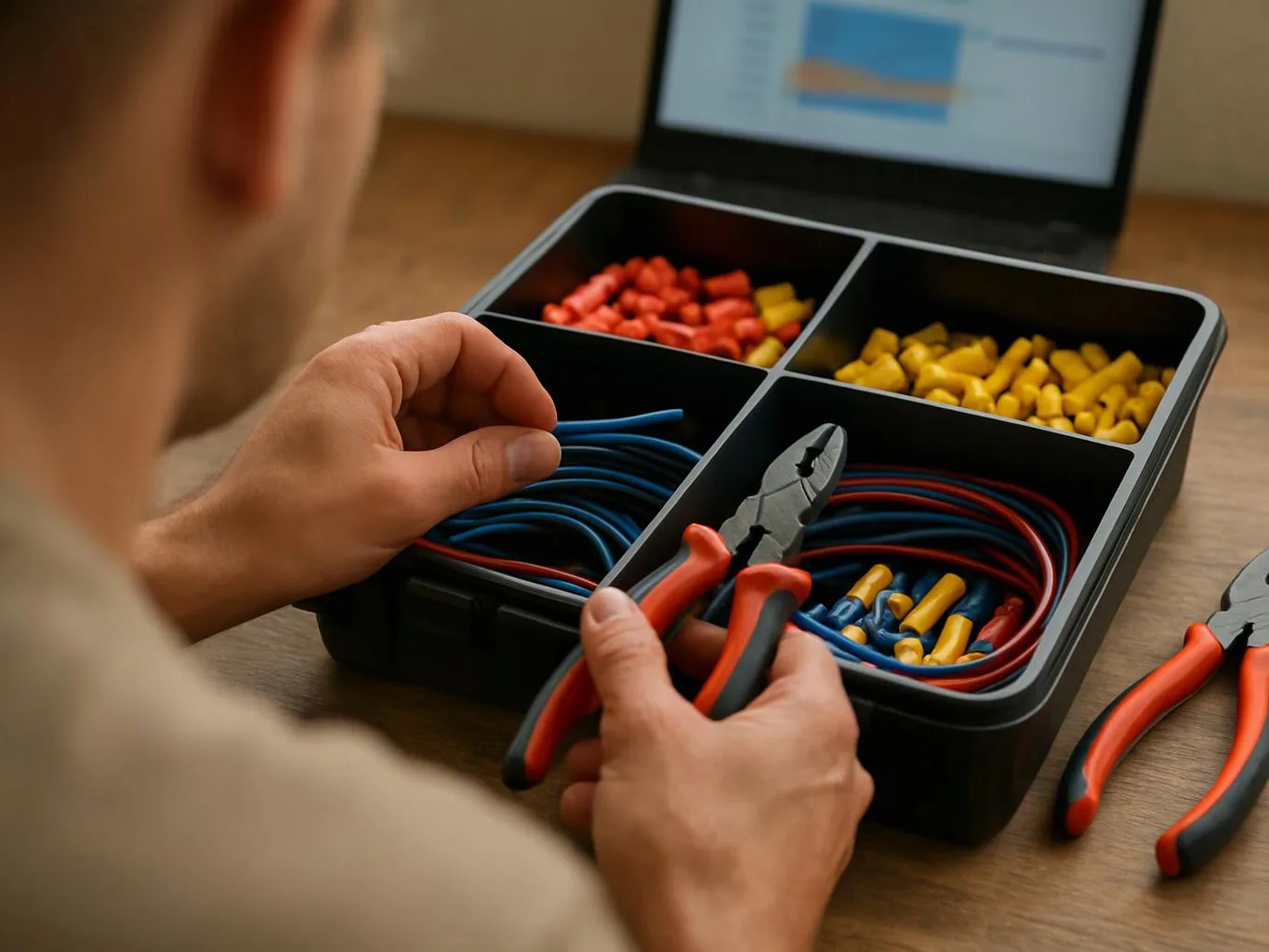A person sorts colored wires and connectors in a divided tray beside pliers on a wooden table