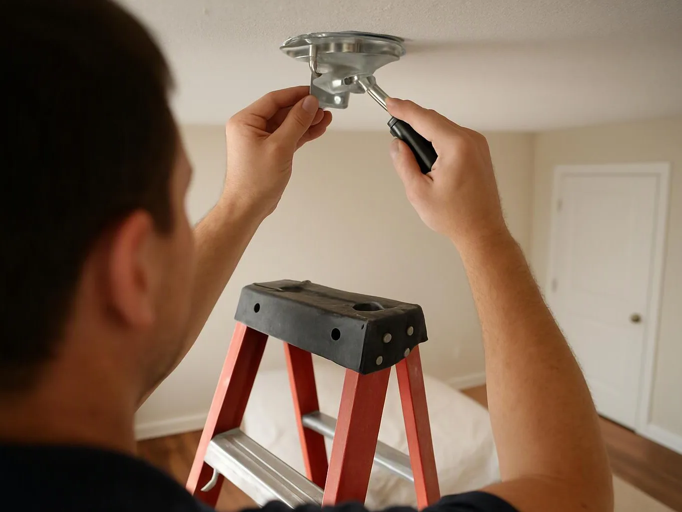 A person stands on a red step ladder, using a screwdriver to adjust a ceiling light mount