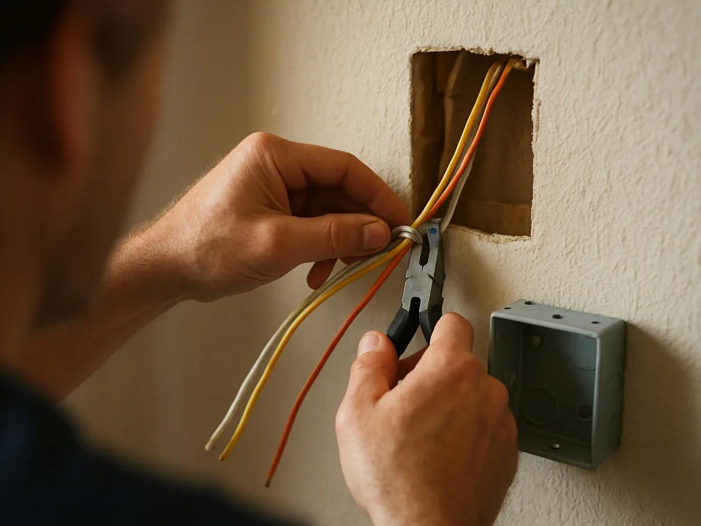 A person strips electrical wires from a wall opening beside an empty metal outlet box