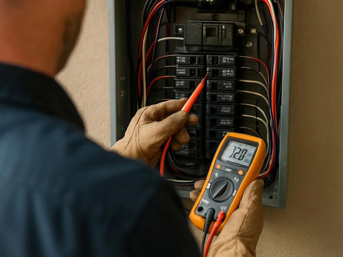 A person tests a circuit breaker panel with a digital meter and red probe inside a wall box
