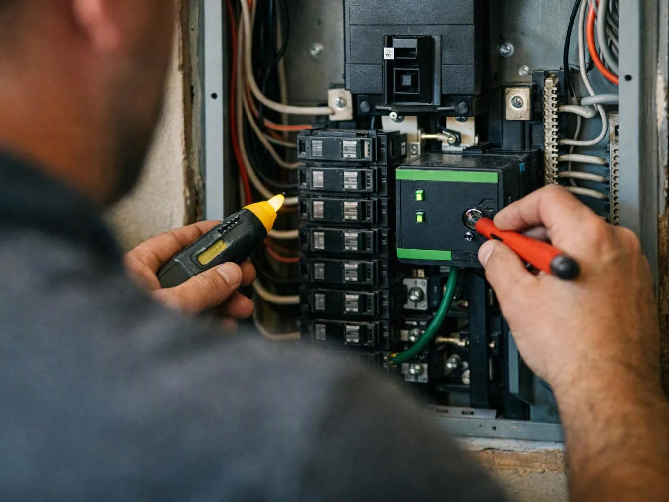 A person tests an electrical breaker panel with a screwdriver and a voltage tester