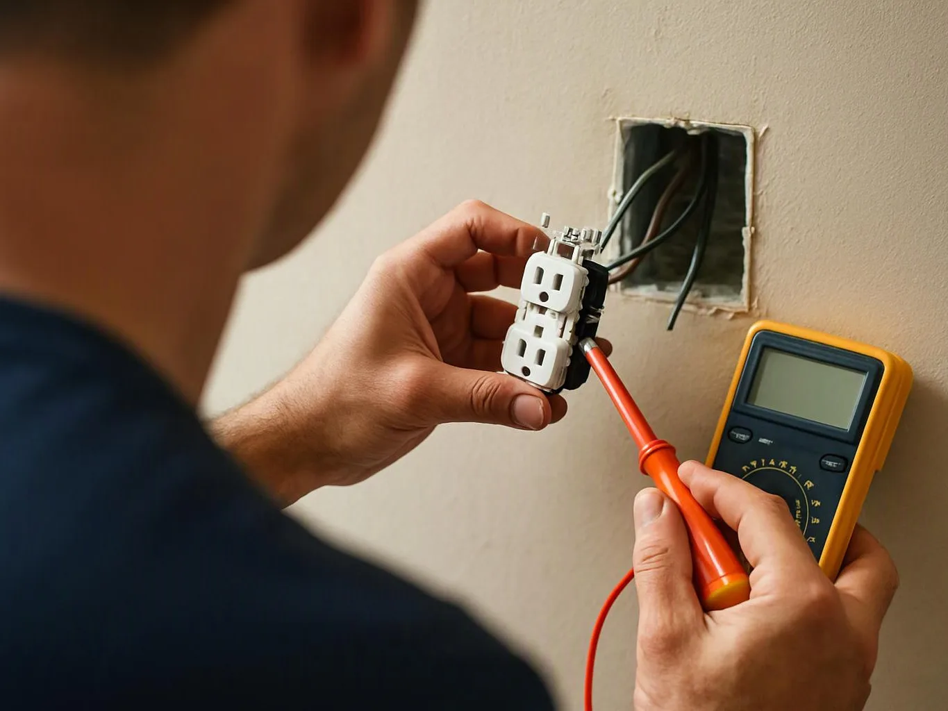 A person tests an electrical outlet with a multimeter while holding the wiring from the wall opening