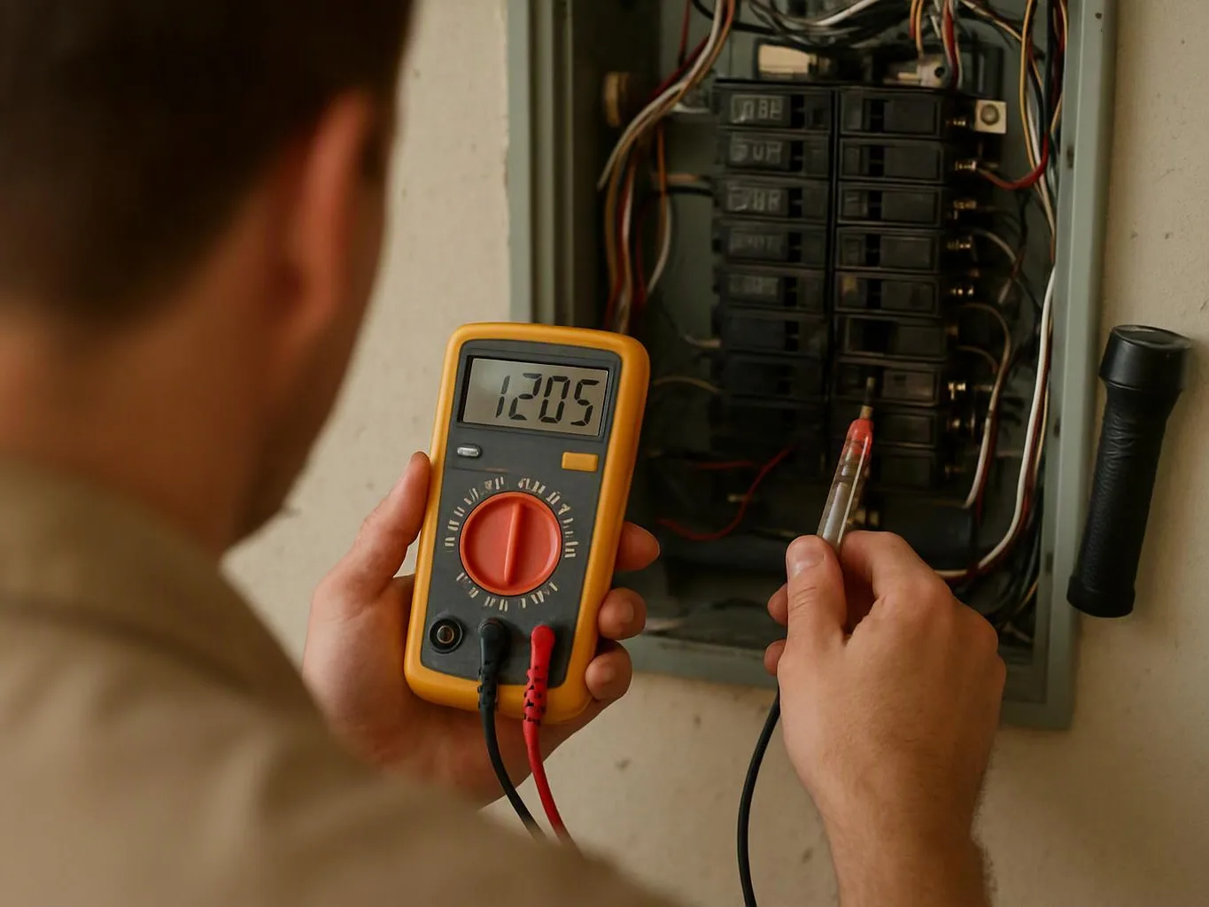 A person tests an open electrical breaker panel with a digital multimeter and probe
