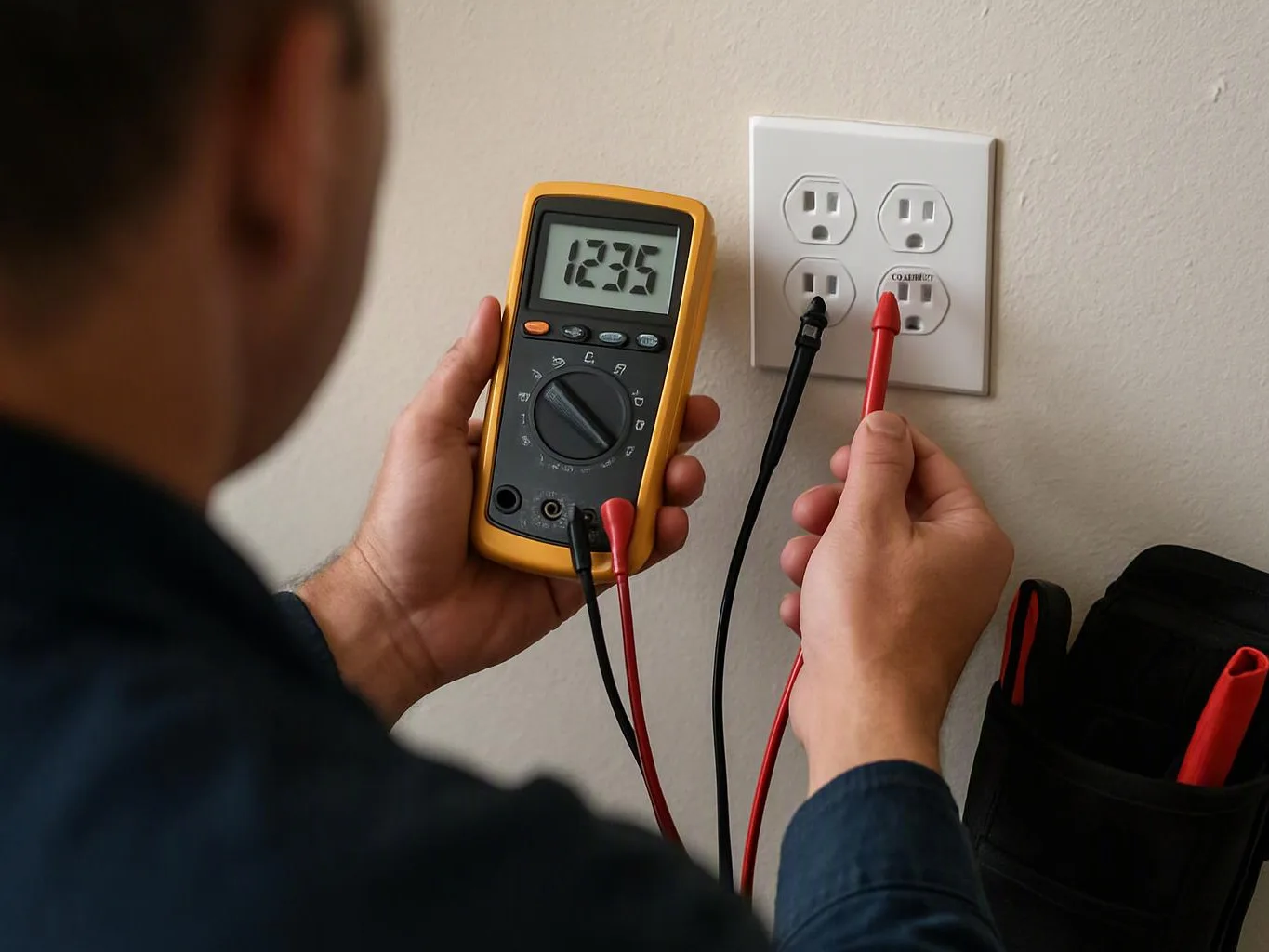 A person tests a wall outlet with a digital multimeter, holding red and black probes beside the socket