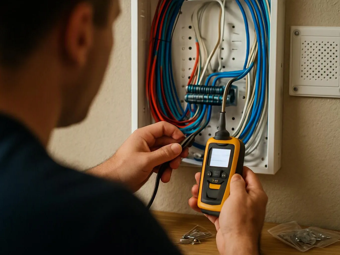 A person tests wires inside an open wall panel with a handheld meter in a home setting
