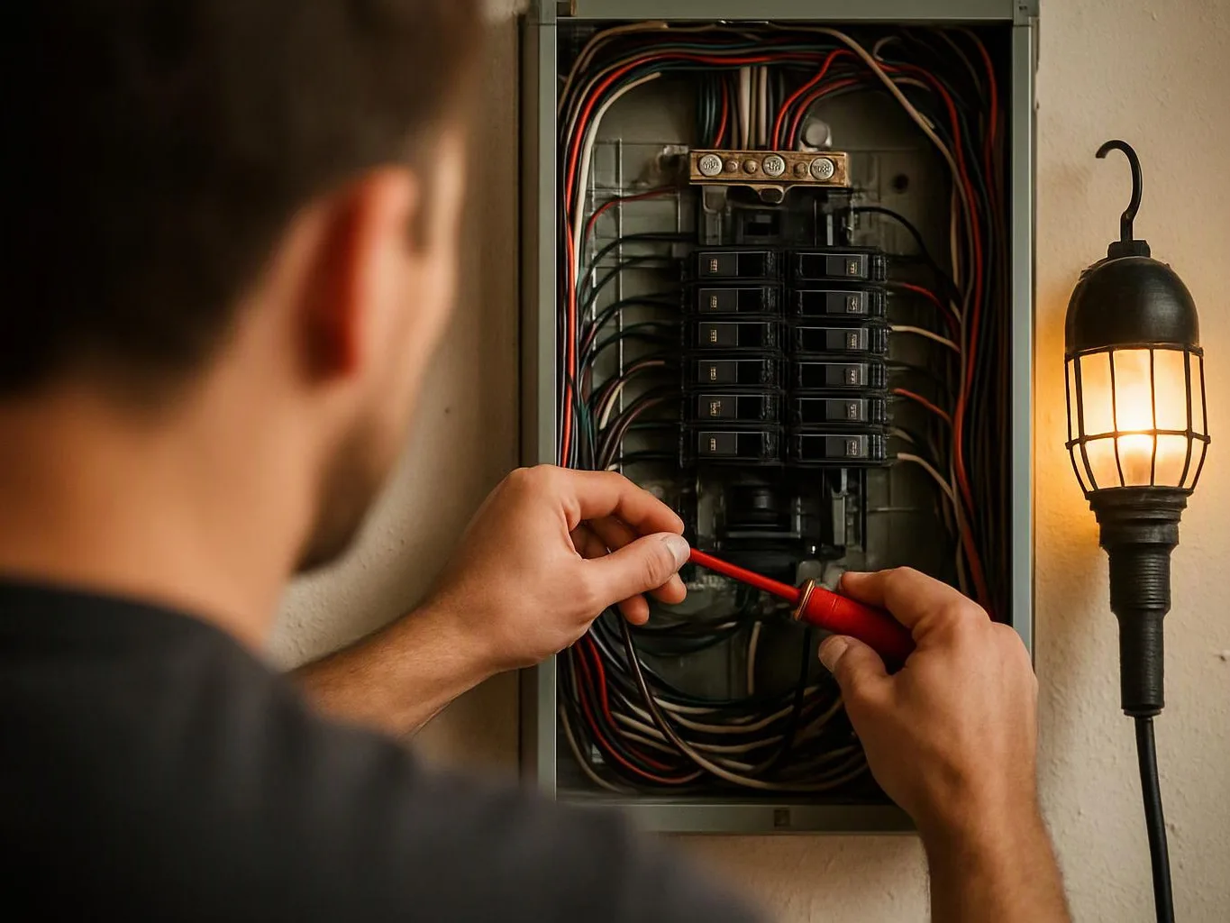 A person uses a red screwdriver on an open electrical breaker panel beside a lit wall lamp