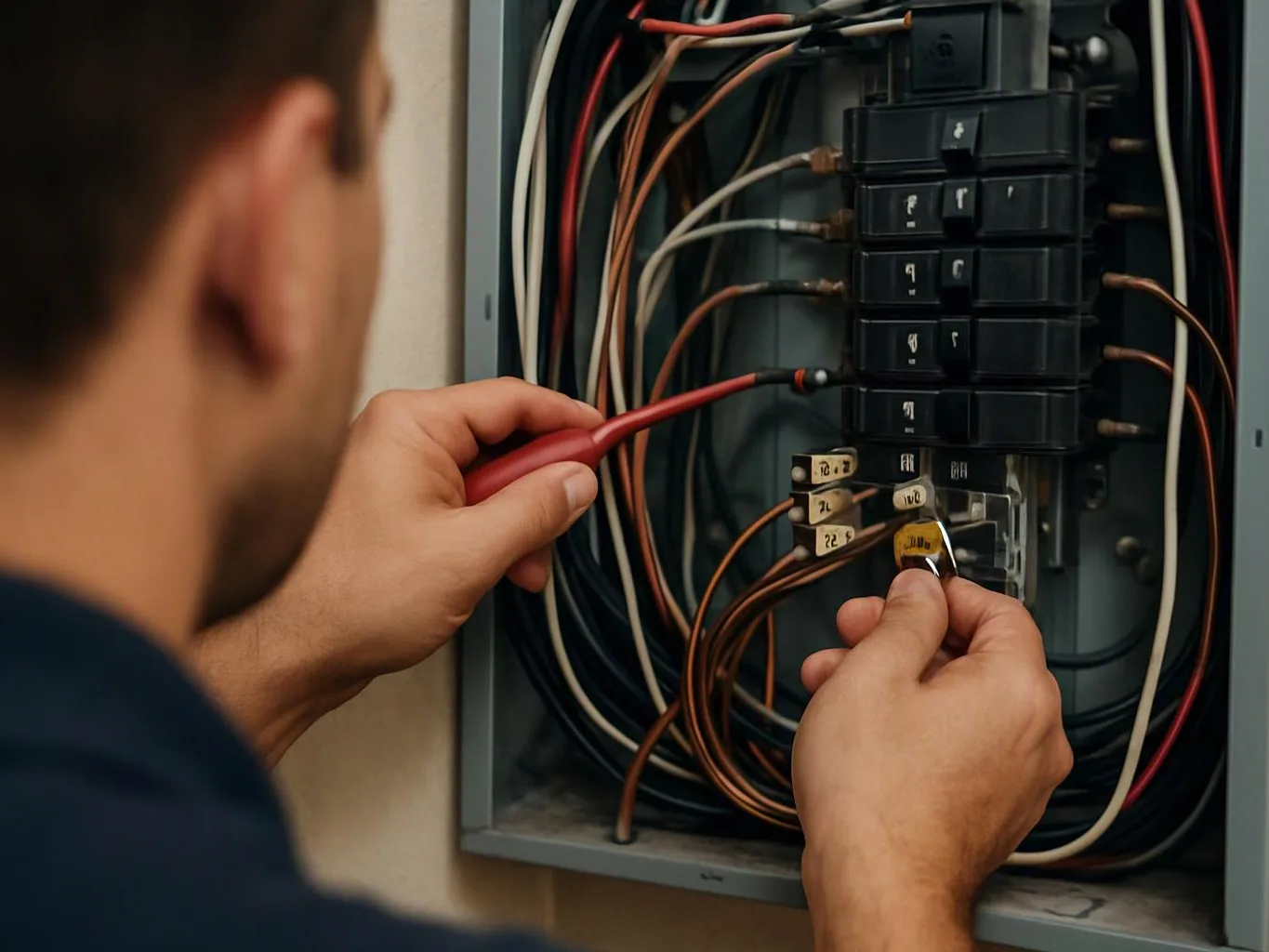 A person uses red and yellow tools to work on wiring inside an open electrical panel indoors